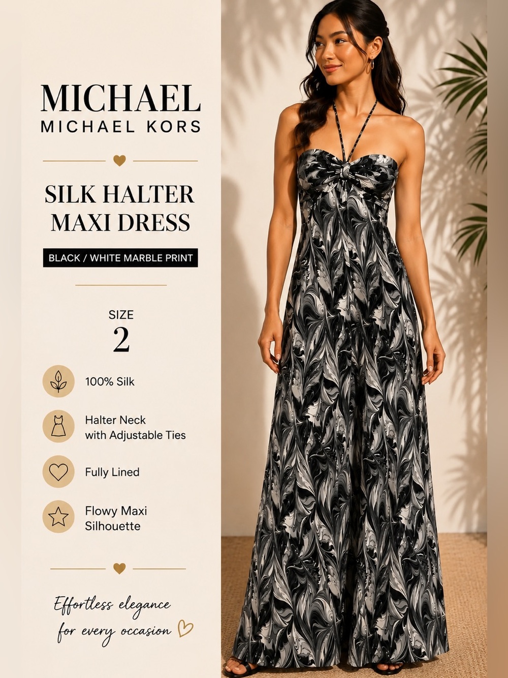 MICHAEL Michael Kors Silk Marble Print Halter Maxi Dress Size 2